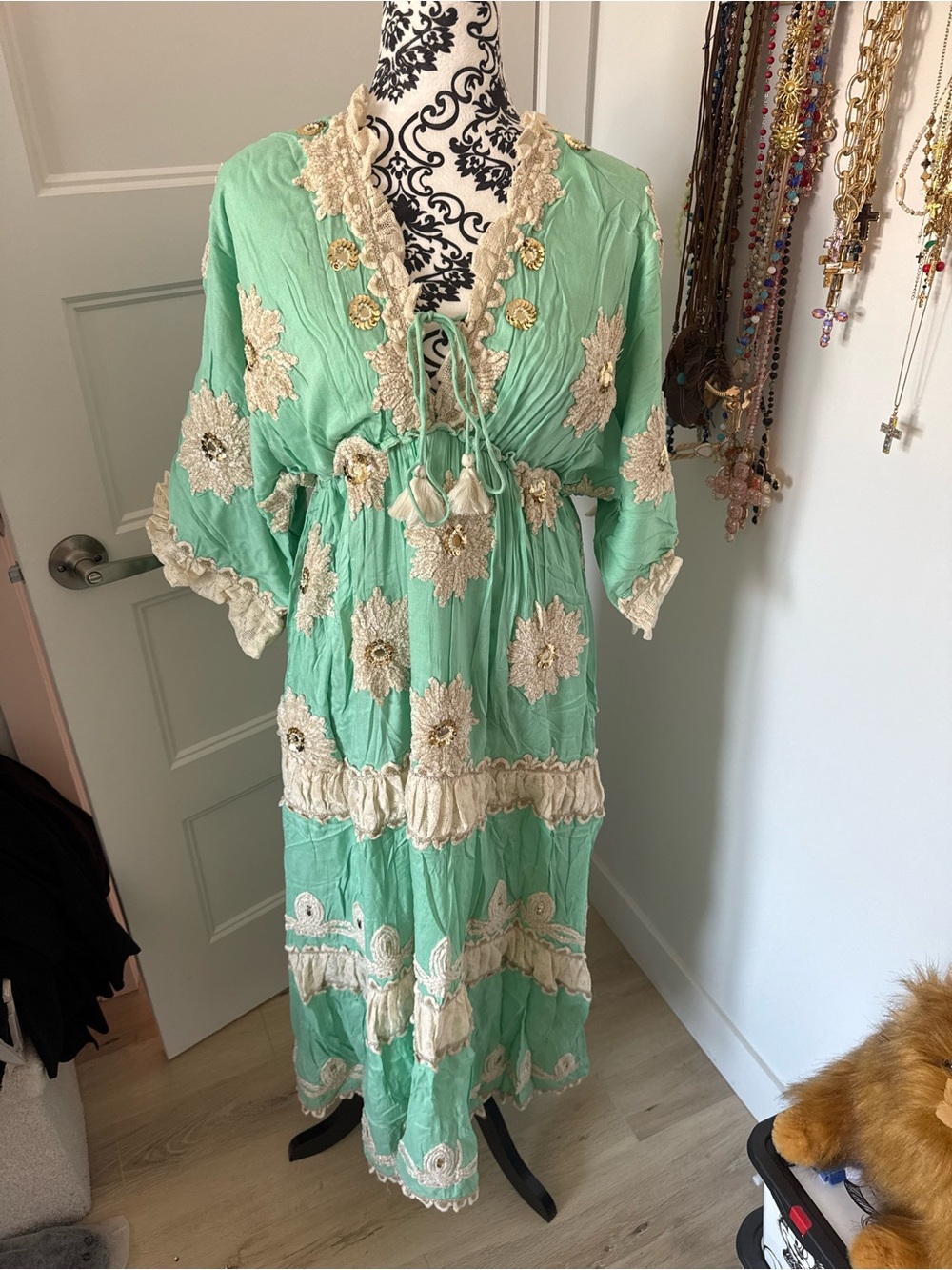 Papaya Mint Green Dress with Cream Lace Trim